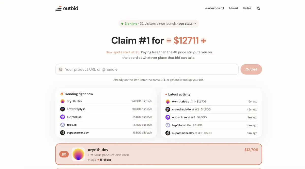 Outbid — Viral Pay-to-Rank Leaderboard application overview