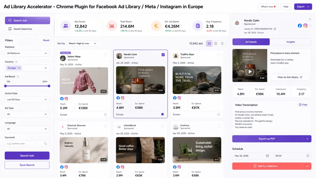 Ad Library Accelerator - Chrome Plugin for Facebook Ad Library / Meta / Instagram in Europe application overview