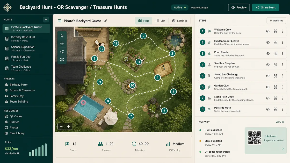 Backyard Hunt - QR Scavenger / Treasure Hunts application overview