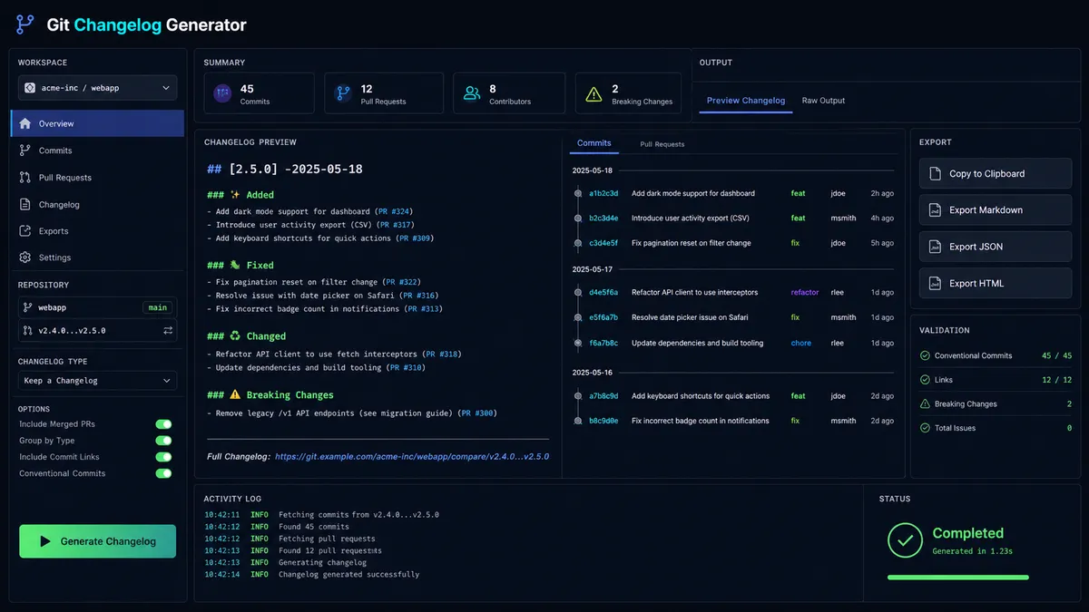 Git Changelog Generator application overview