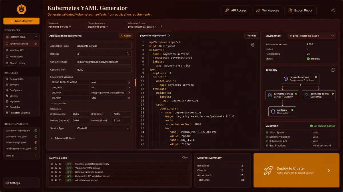 Kubernetes YAML Generator application overview