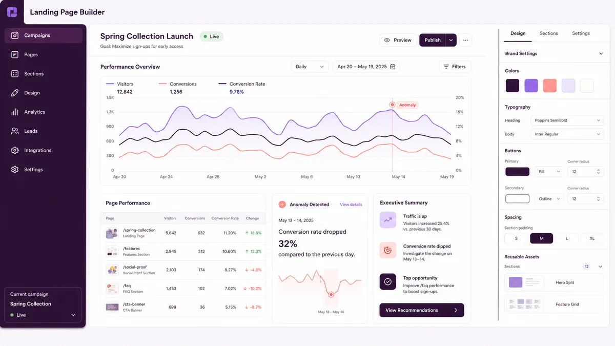 Landing Page Builder application overview