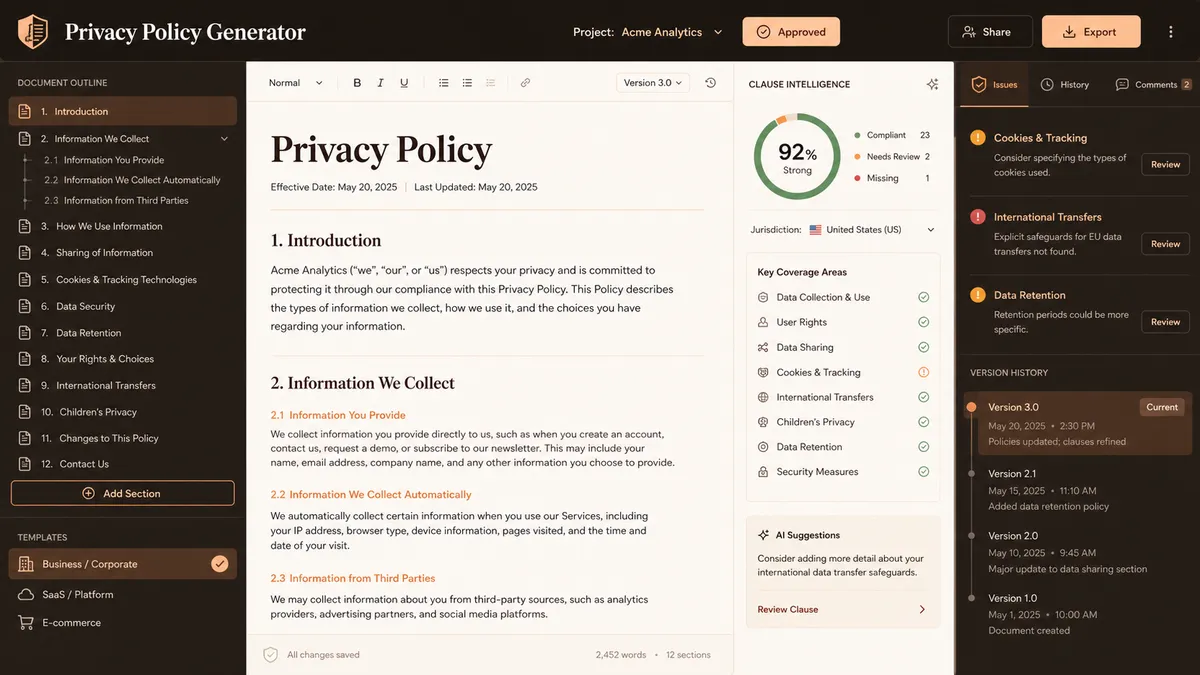 Privacy Policy Generator application overview