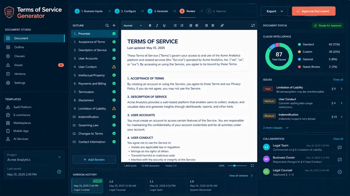 Terms of Service Generator application overview